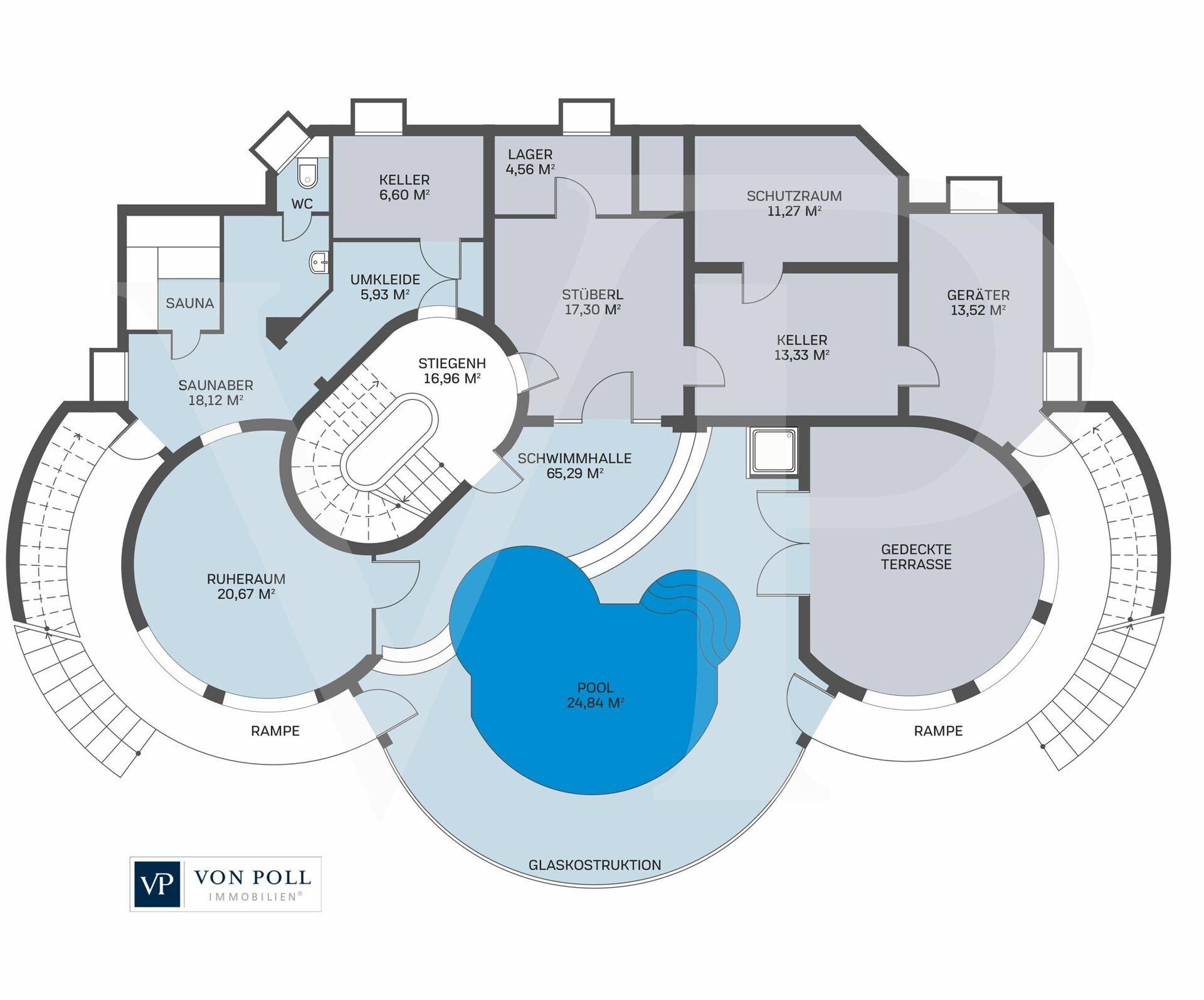 Grundriss des Untergeschosses mit Schwimmhalle, Sauna, Ruheraum und Kellerräumen.