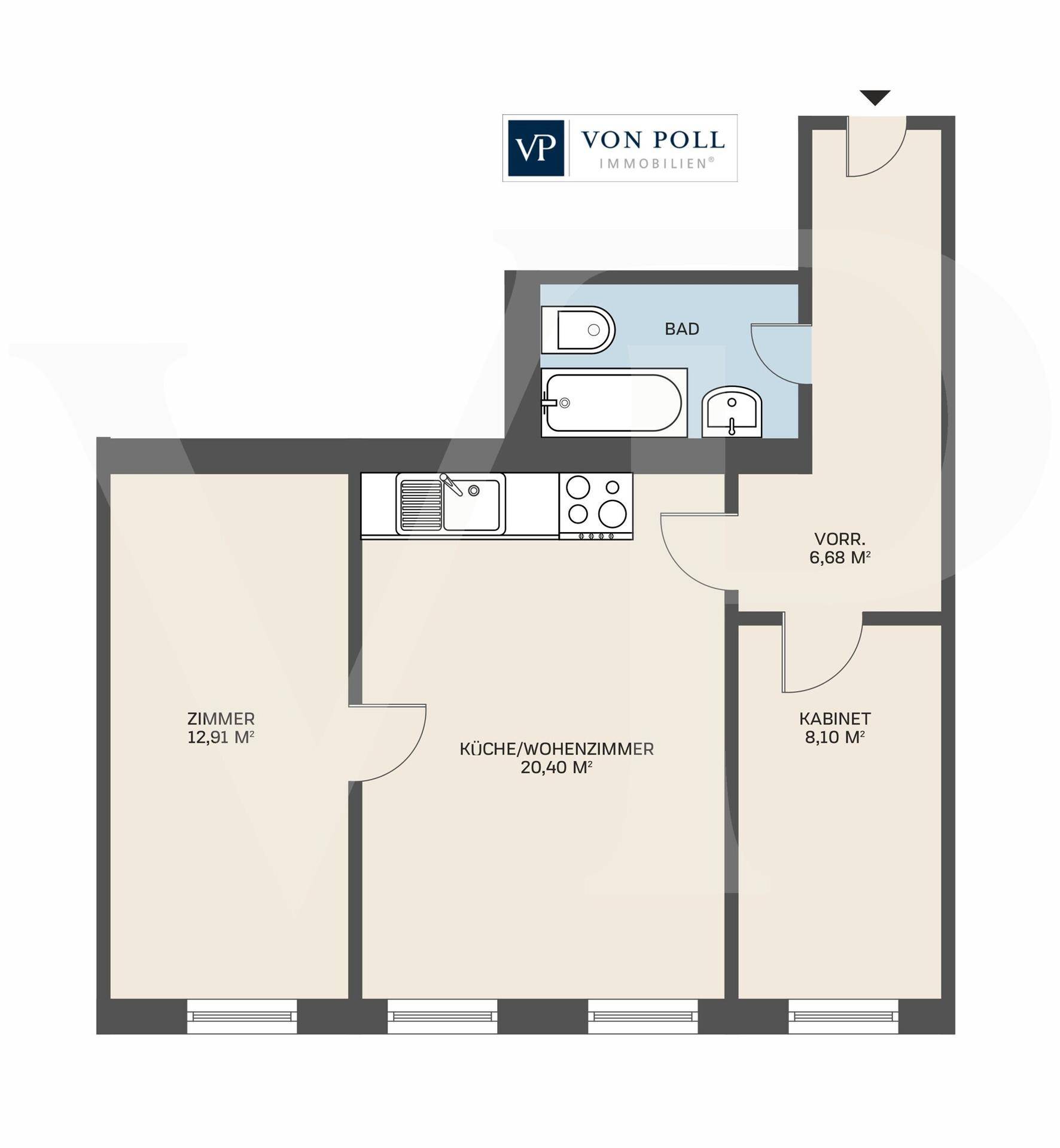 Grundriss einer Wohnung mit Küche/Wohnzimmer, Schlafzimmer und Bad.