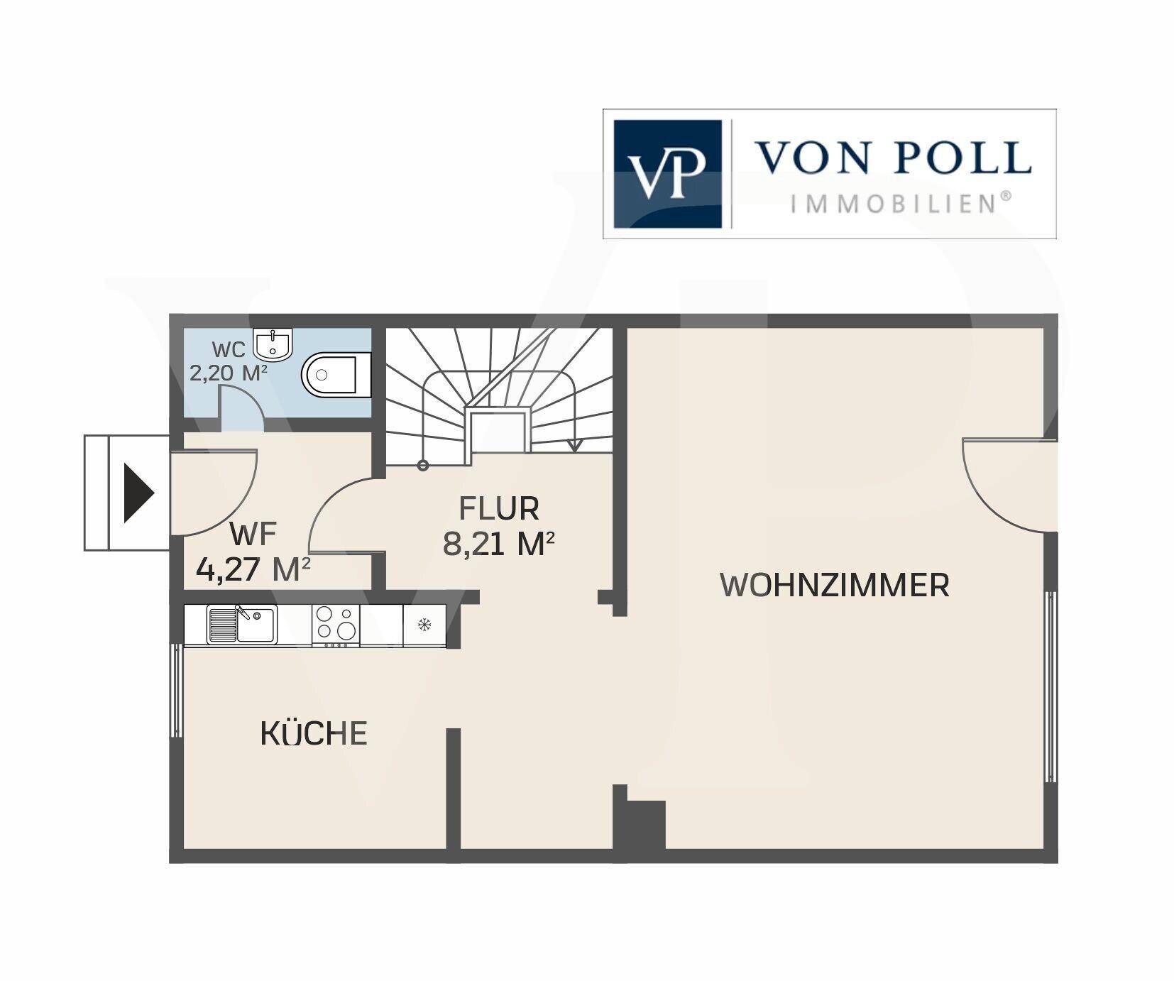 Grundriss des Erdgeschosses mit Küche, Wohnzimmer, Flur und separatem WC.