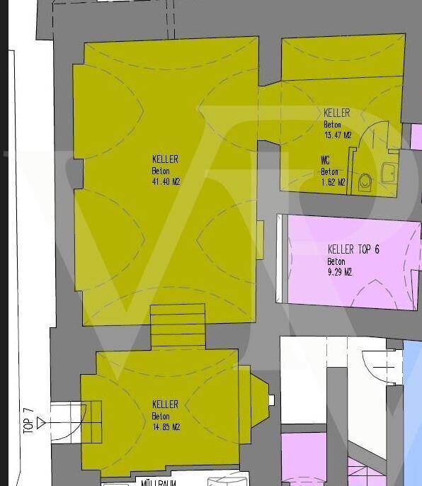 Grundriss des Kellergeschosses mit verschiedenen Kellerabteilen und einem WC.