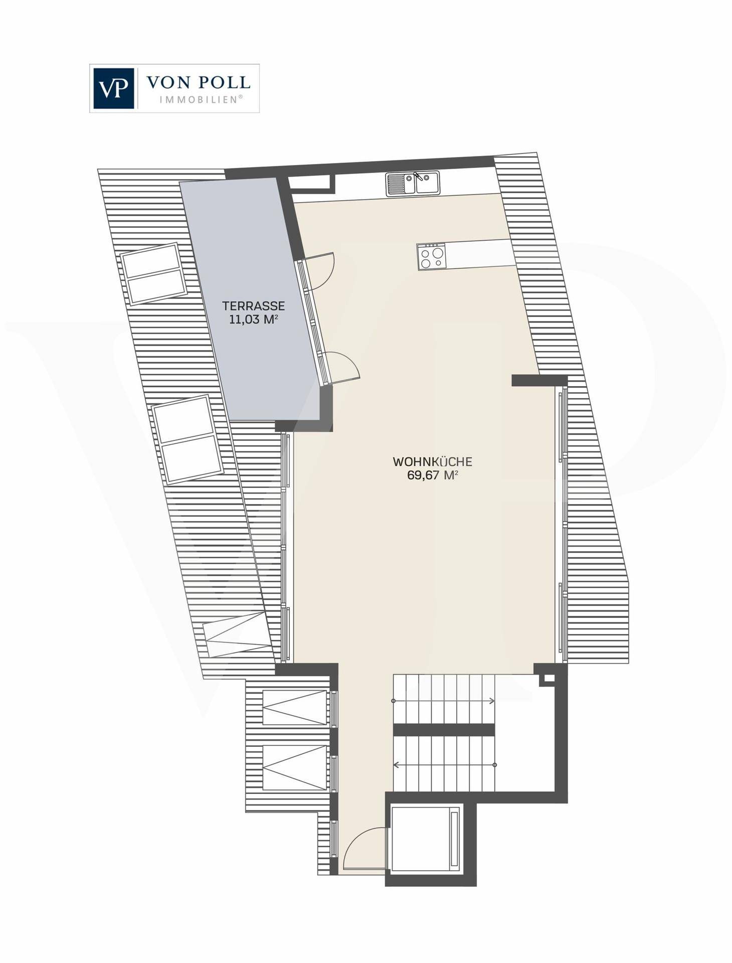 Grundrissplan der oberen Etage mit großer Wohnküche und Dachterrasse.