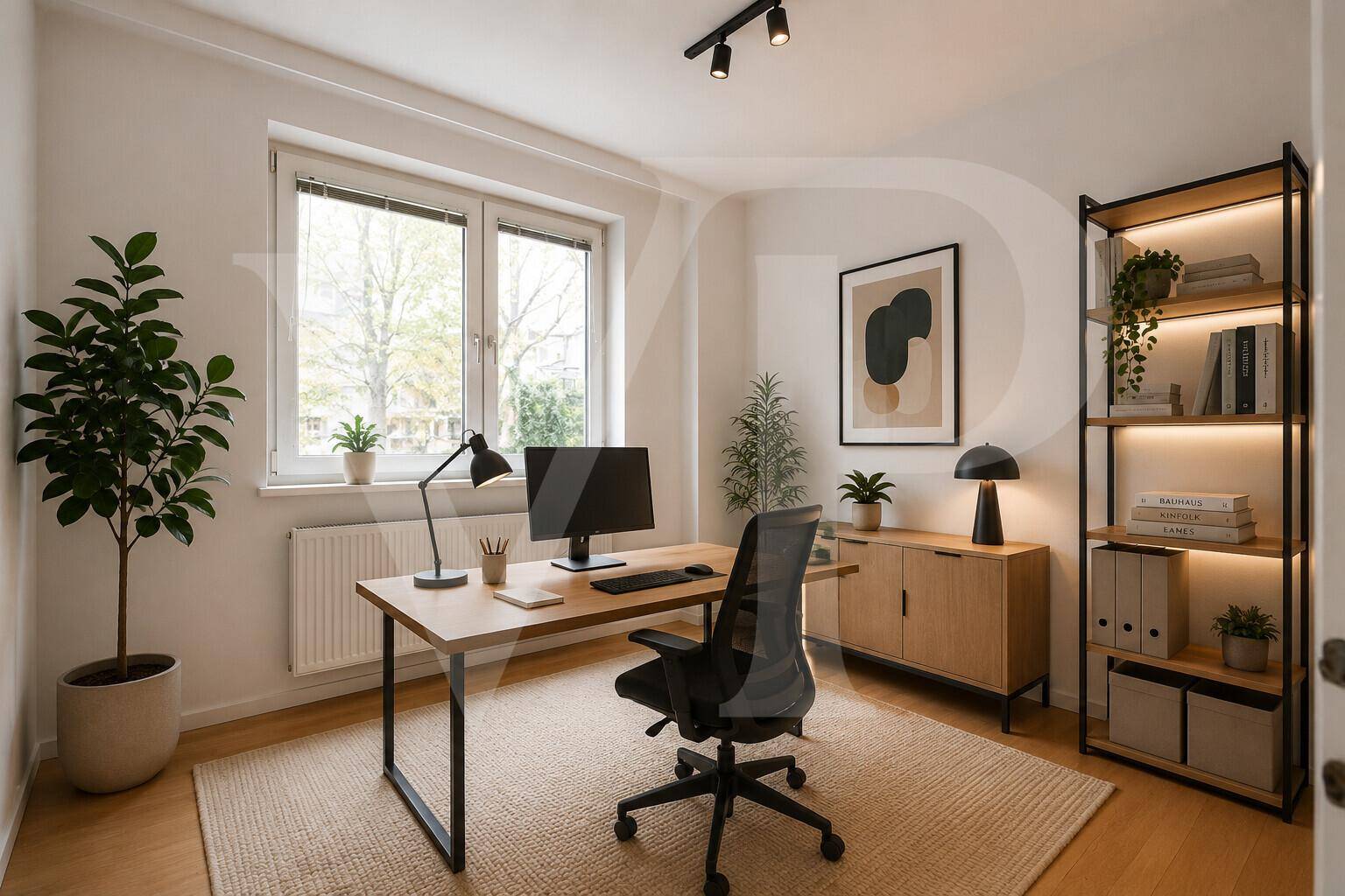 Helles Arbeitszimmer mit Schreibtisch, Regal und Blick ins Grüne durch große Fenster.