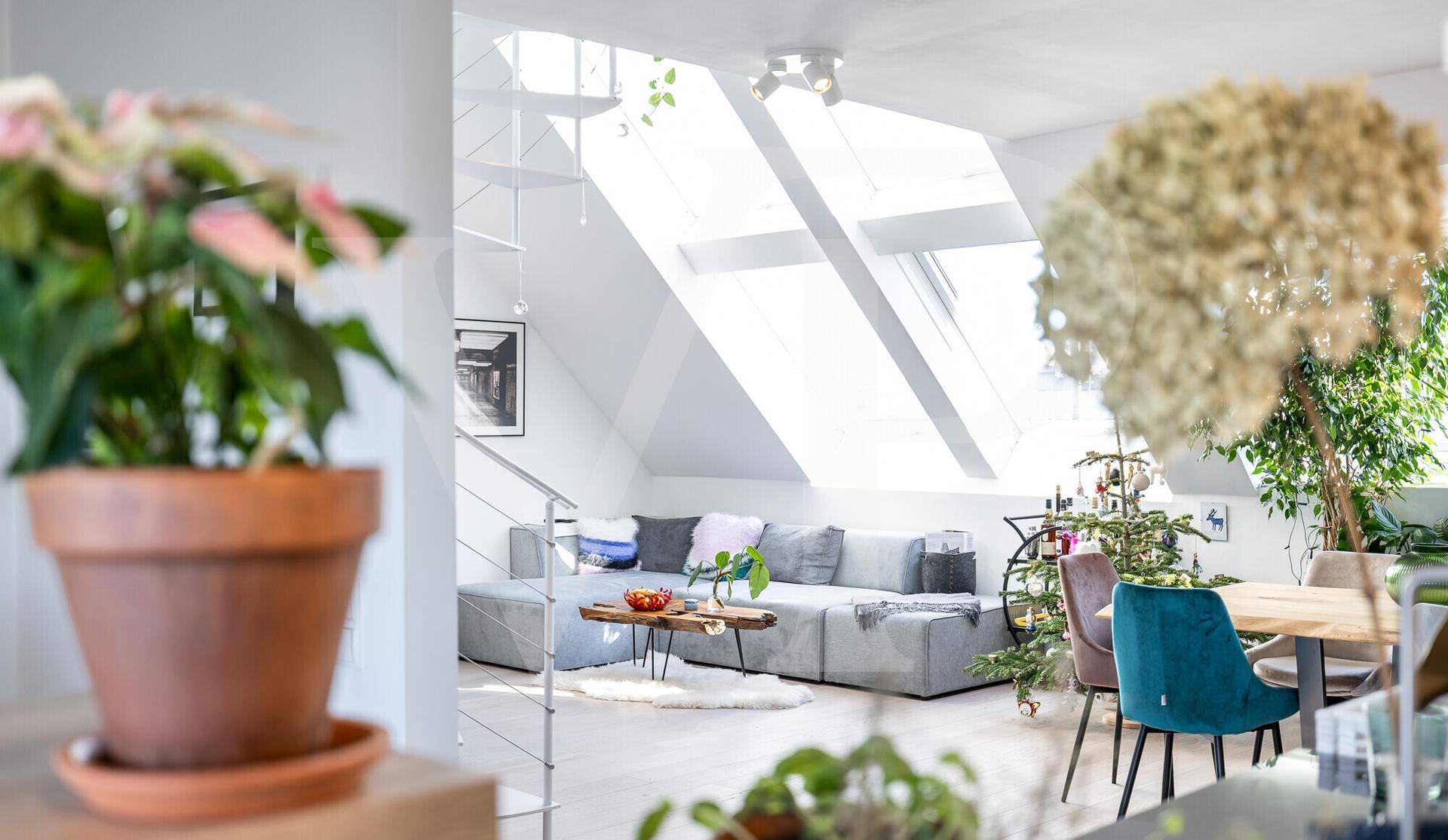 Heller Wohnbereich mit Sofa, Esstisch und Pflanzen, durch Dachfenster lichtdurchflutet.