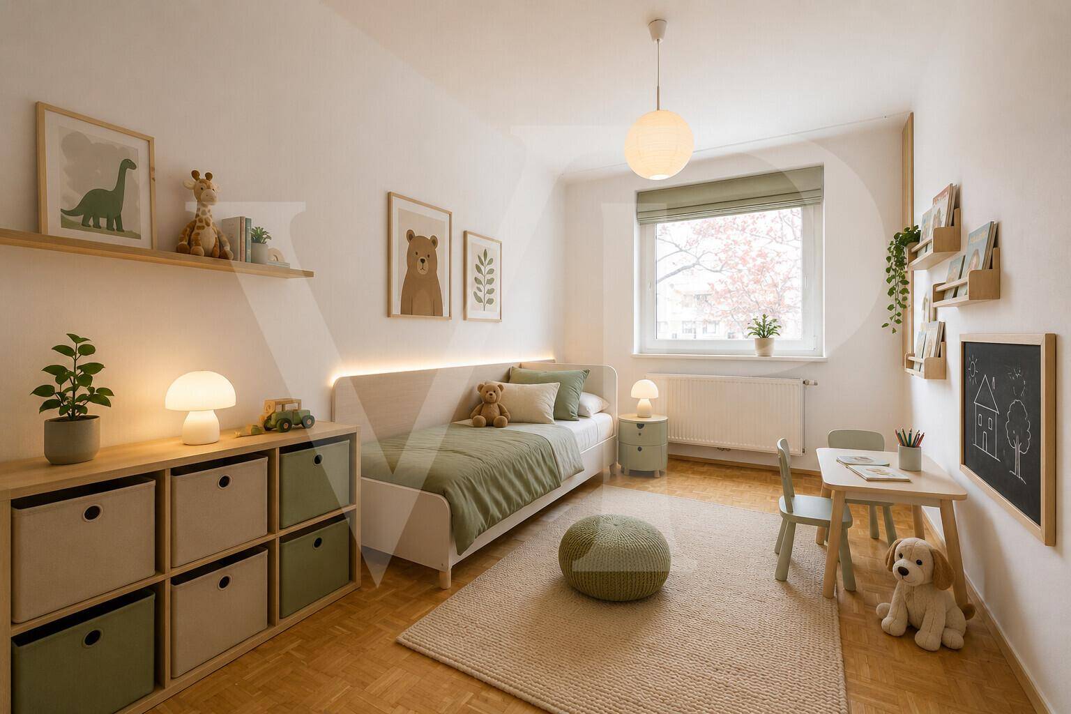 Freundliches Kinderzimmer mit Einzelbett, Spielbereich und Holzboden.