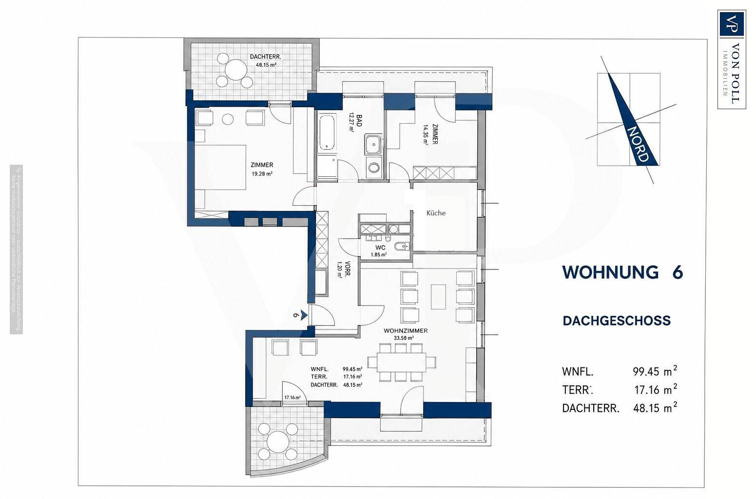 Grundriss der Wohnung 6 im Dachgeschoss mit offenem Wohnbereich und zwei Dachterrassen.