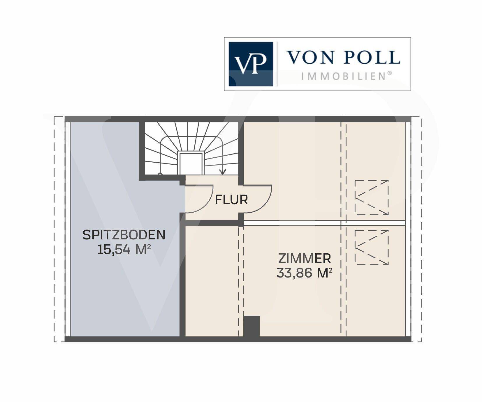 Grundriss des Dachgeschosses mit einem großen Zimmer und zusätzlichem Spitzboden.