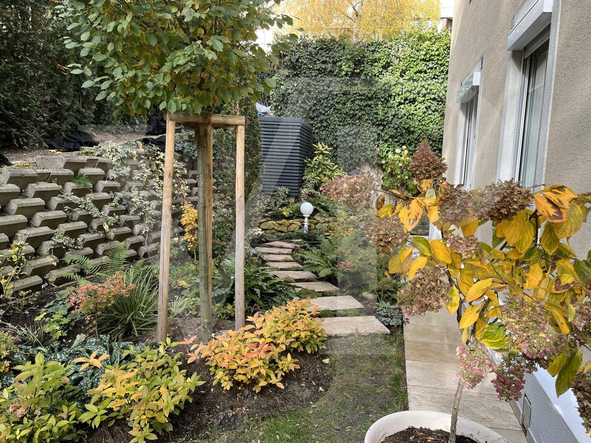 Attraktiver Gartenbereich mit verschiedenen Pflanzen, Trittsteinen und einer Stützmauer.