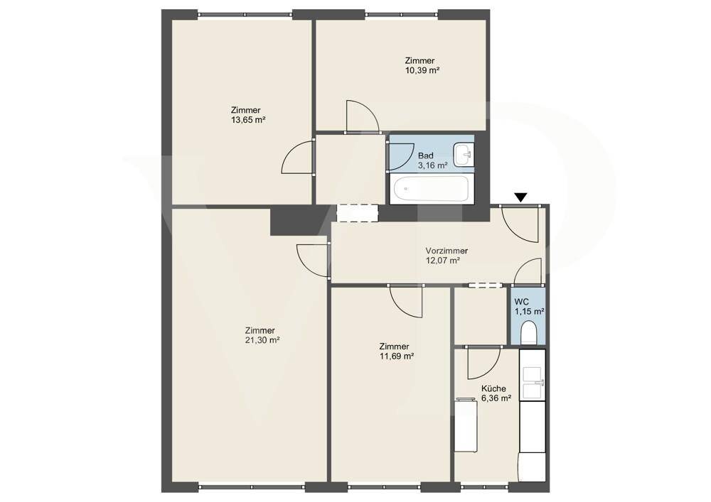 Grundrissplan mit Raumaufteilung und Flächenangaben der Zimmer.