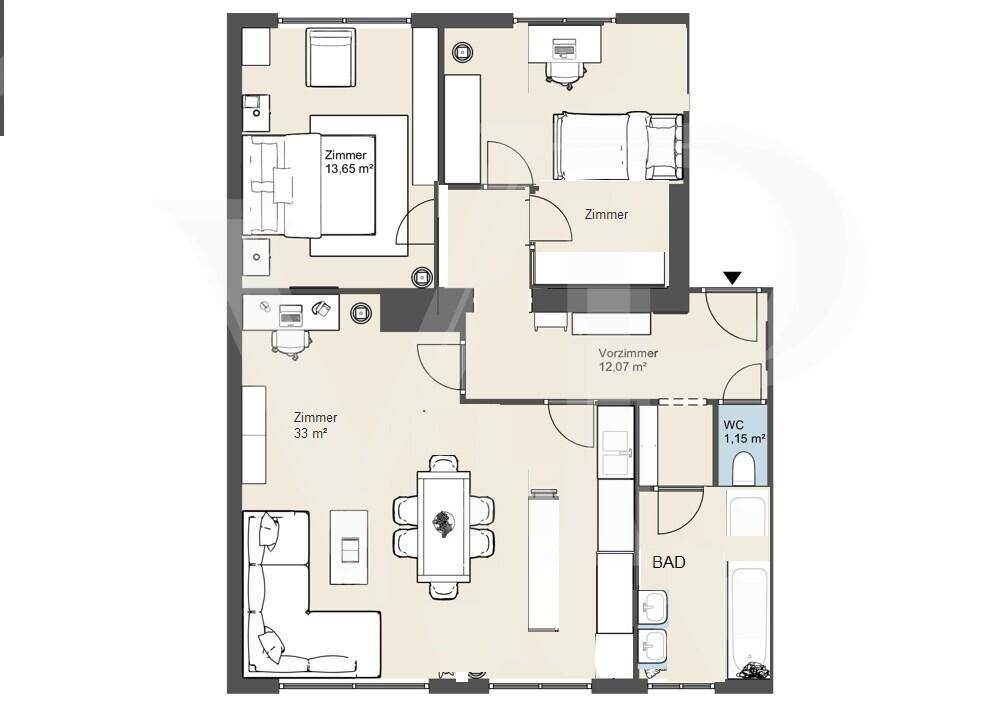 Grundriss einer Wohnung mit drei Zimmern, offenem Wohnbereich, separatem WC und einem Badezimmer.