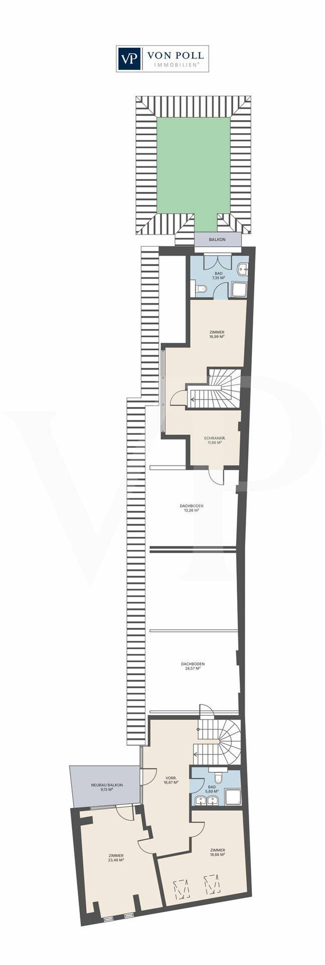 Grundrissplan der oberen Etagen mit Zugang zu Terrasse und Balkon sowie Bädern.