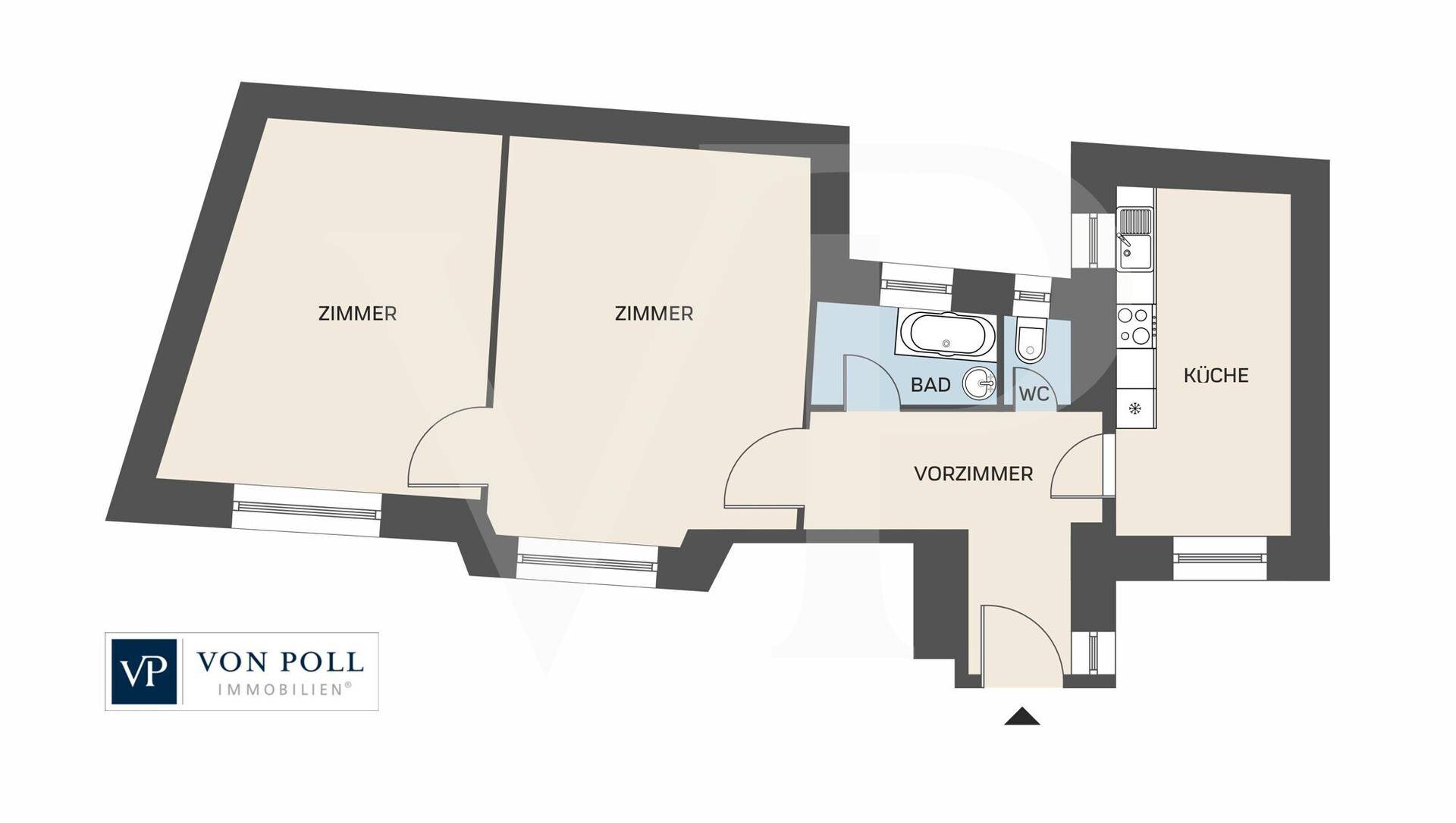 Grundriss zeigt eine Wohnung mit zwei Zimmern, Bad, WC, Vorzimmer und Küche.