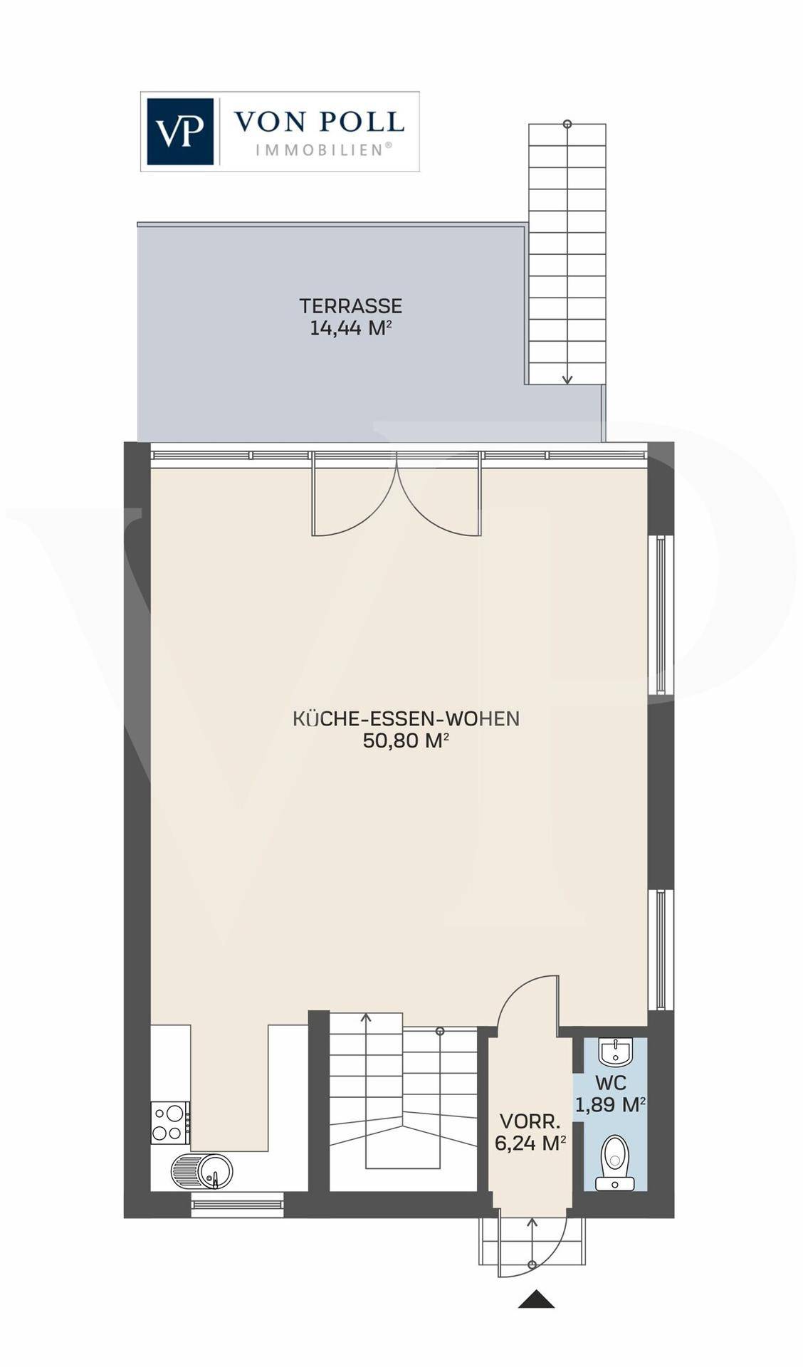 Grundriss des Erdgeschosses mit offenem Wohnbereich, Küche und Terrasse.