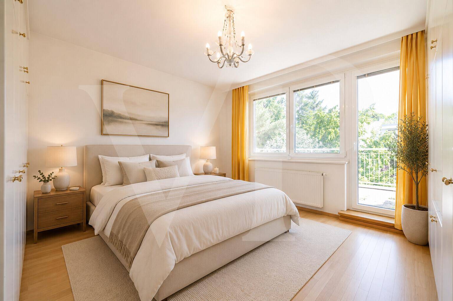 Gemütliches Schlafzimmer mit Doppelbett, Einbauschränken, Holzfußboden und direktem Balkonzugang.