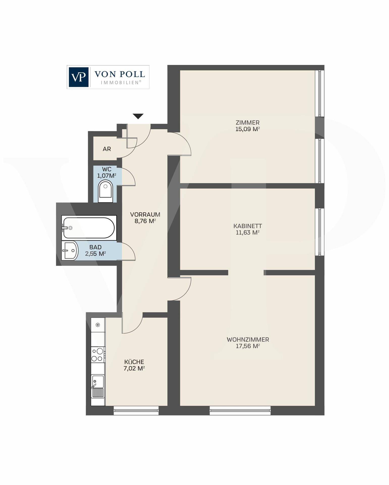 Detaillierter Grundriss der Wohnung mit Zimmeraufteilung und Flächenangaben in Quadratmetern.