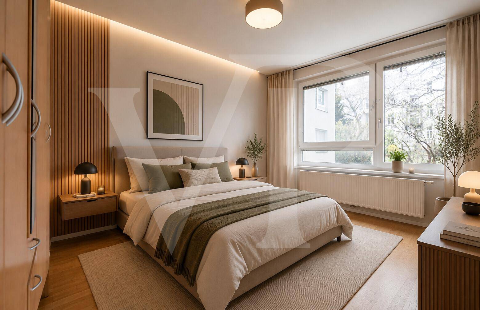 Gemütliches Schlafzimmer mit Doppelbett, Holzakzenten und großen Fenstern für viel Licht.