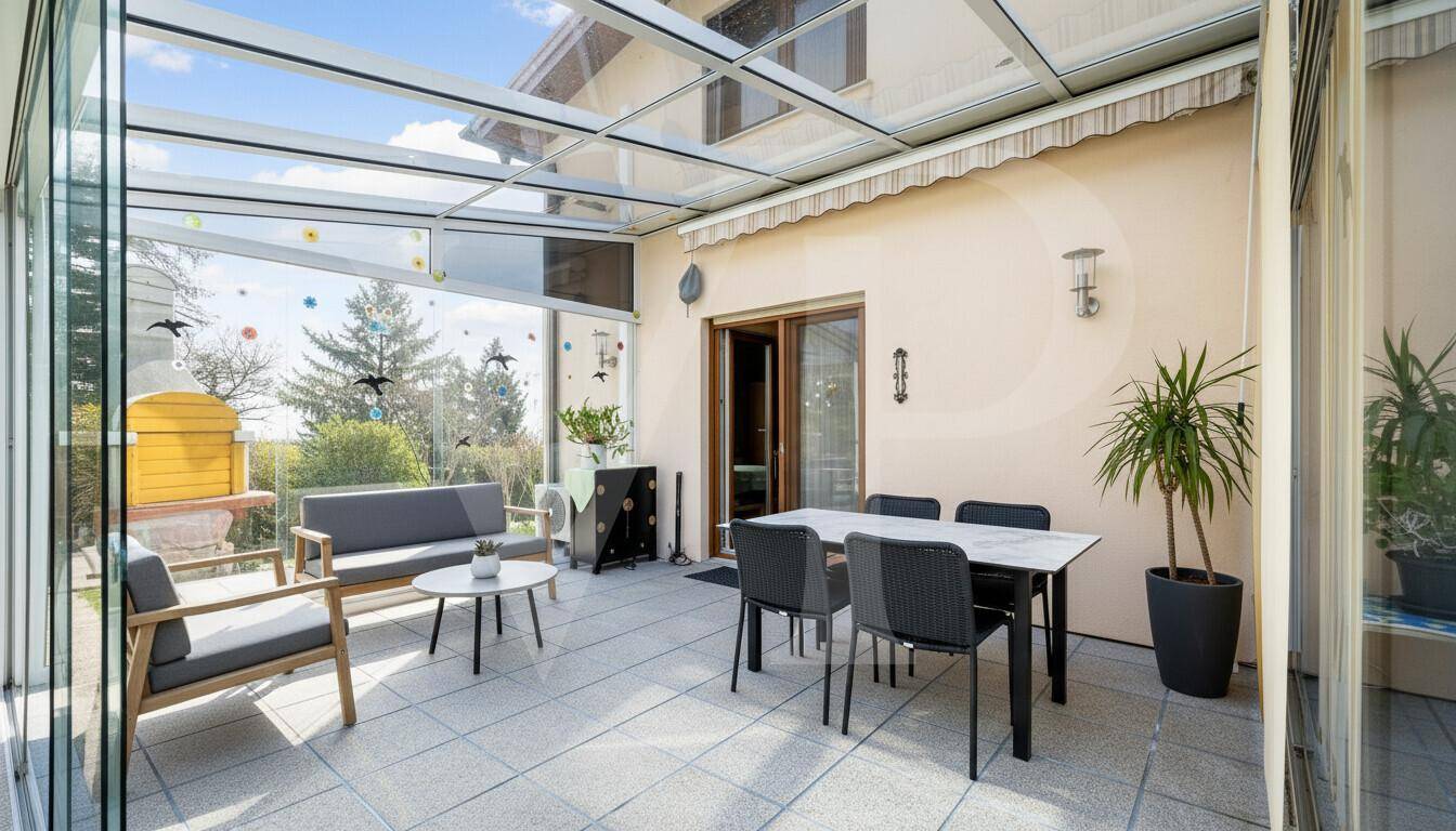 Heller Wintergarten mit Fliesenboden, Sitzgelegenheiten und Blick ins Grüne.
