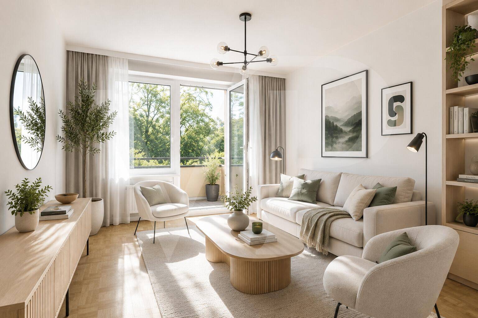 Lichtdurchflutetes Wohnzimmer mit modernem Interieur, Parkettboden und Zugang zum Balkon.