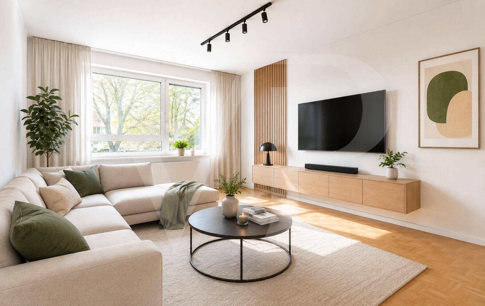 Modernes Wohnzimmer mit beigem Ecksofa, Holzboden und Blick ins Grüne.