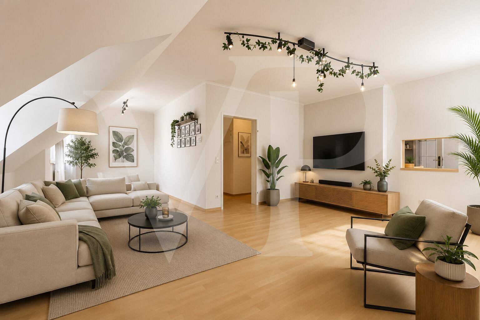 Modern eingerichtetes Wohnzimmer im Dachgeschoss mit gemütlicher Sitzecke und hellem Holzfußboden.