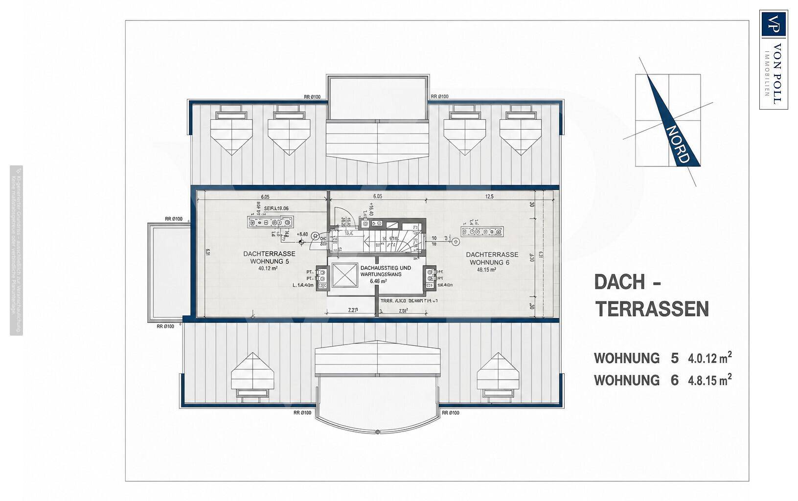 Grundriss der Dachterrassen für die Wohnungen 5 und 6 mit Zugangsbereichen.