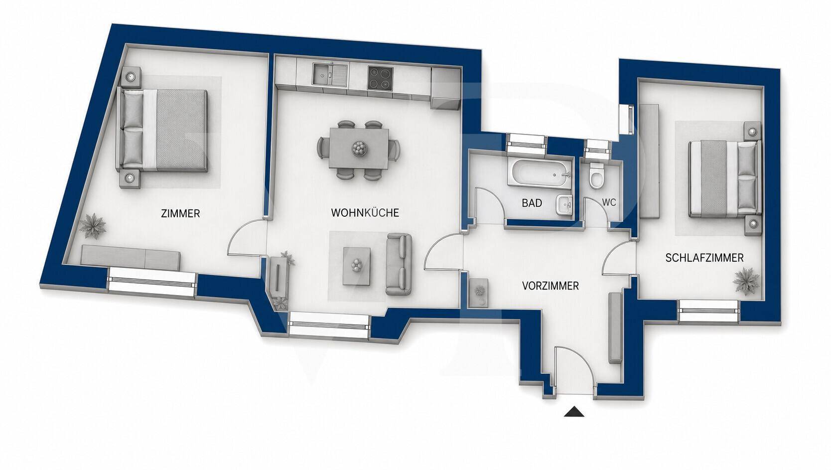 Dreidimensionaler Grundriss einer Wohnung mit zwei Schlafzimmern und offener Wohnküche.