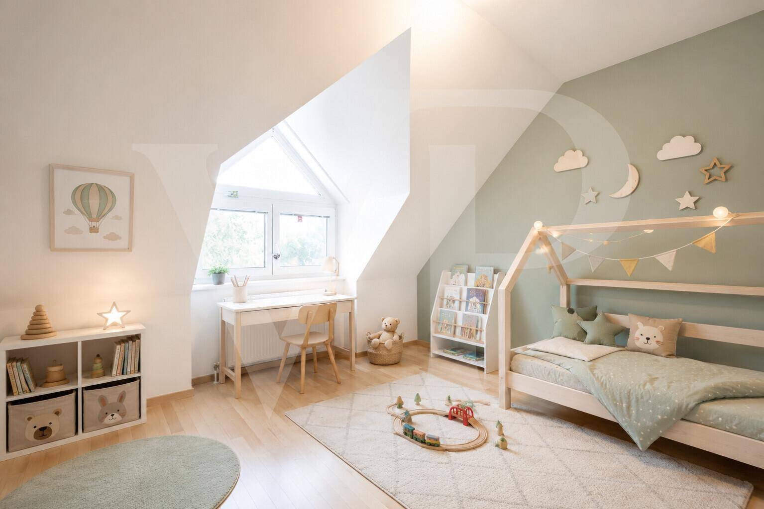 Liebevoll eingerichtetes Kinderzimmer im Dachgeschoss mit hellem Holzfußboden und schrägen Wänden.