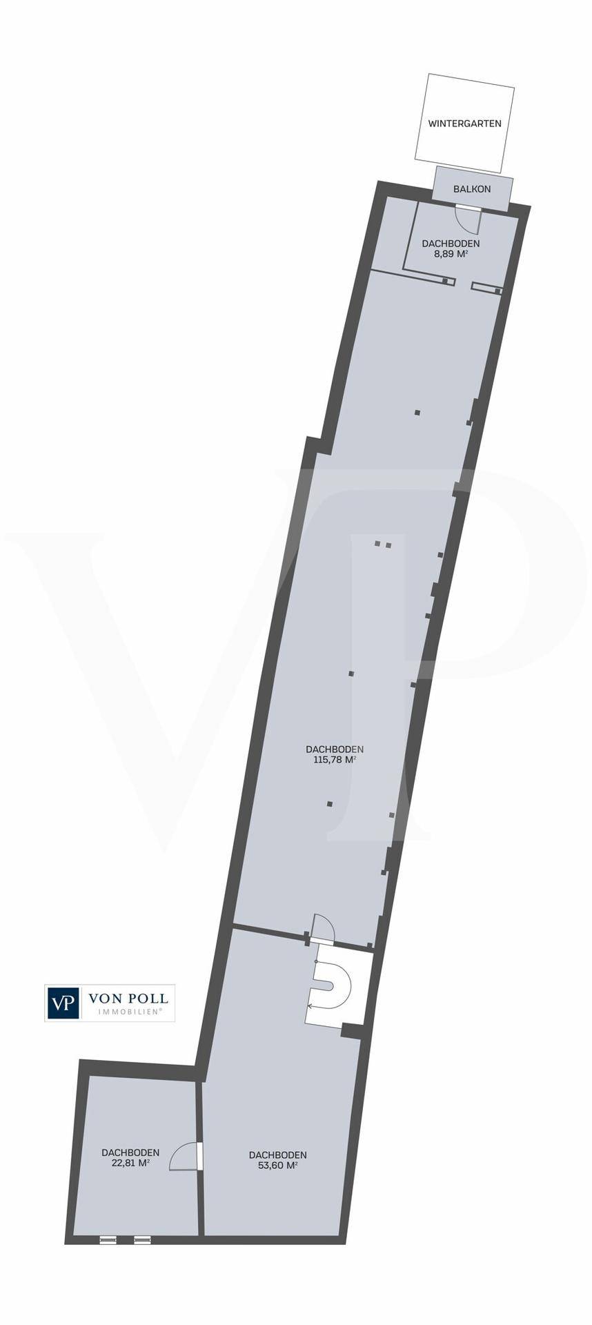 Grundriss des Dachgeschosses mit mehreren Dachbodenbereichen, Wintergarten und Balkon.