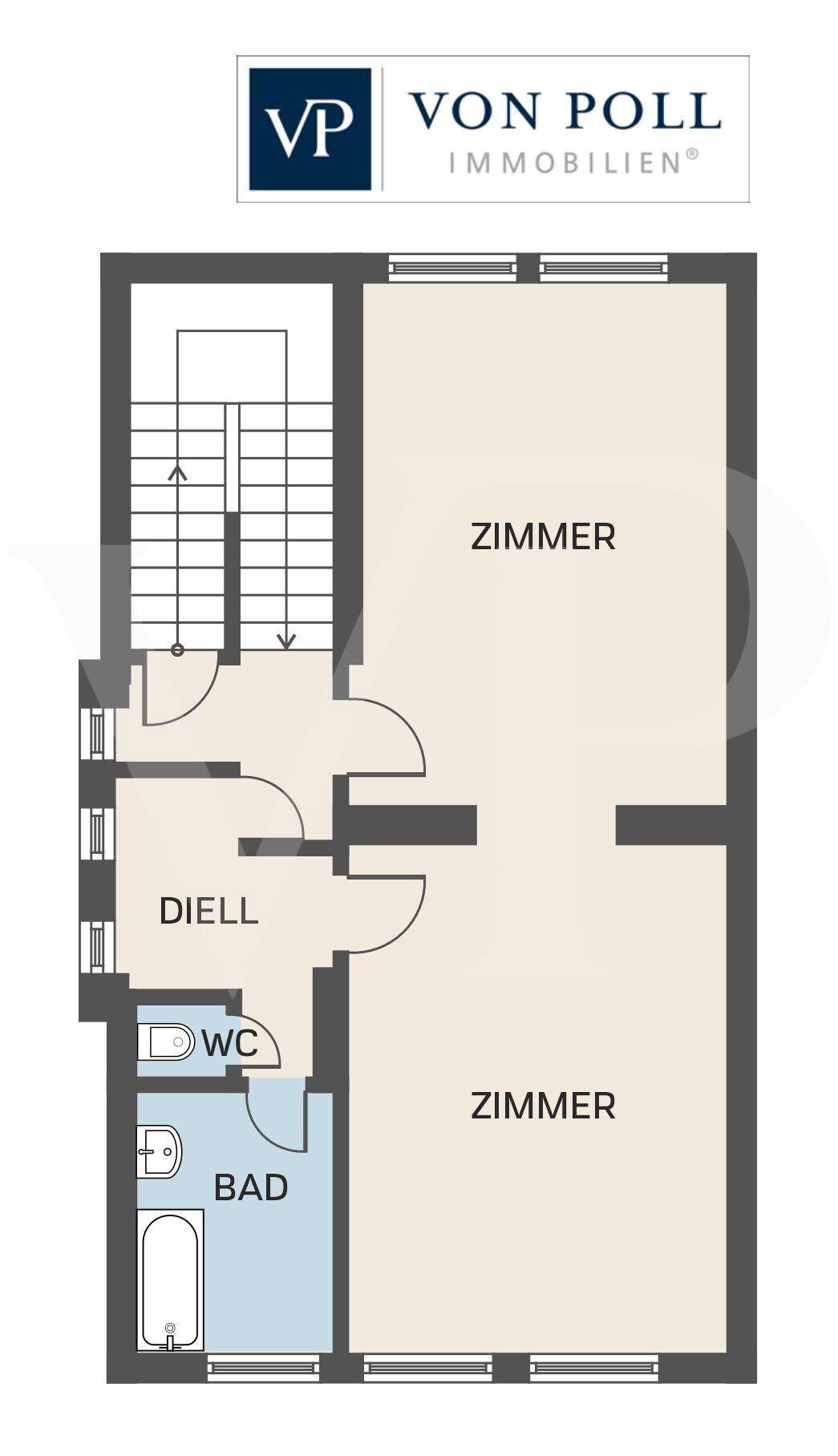 Grundrissplan mit zwei geräumigen Zimmern, einem Badezimmer mit Badewanne und einem separaten WC.