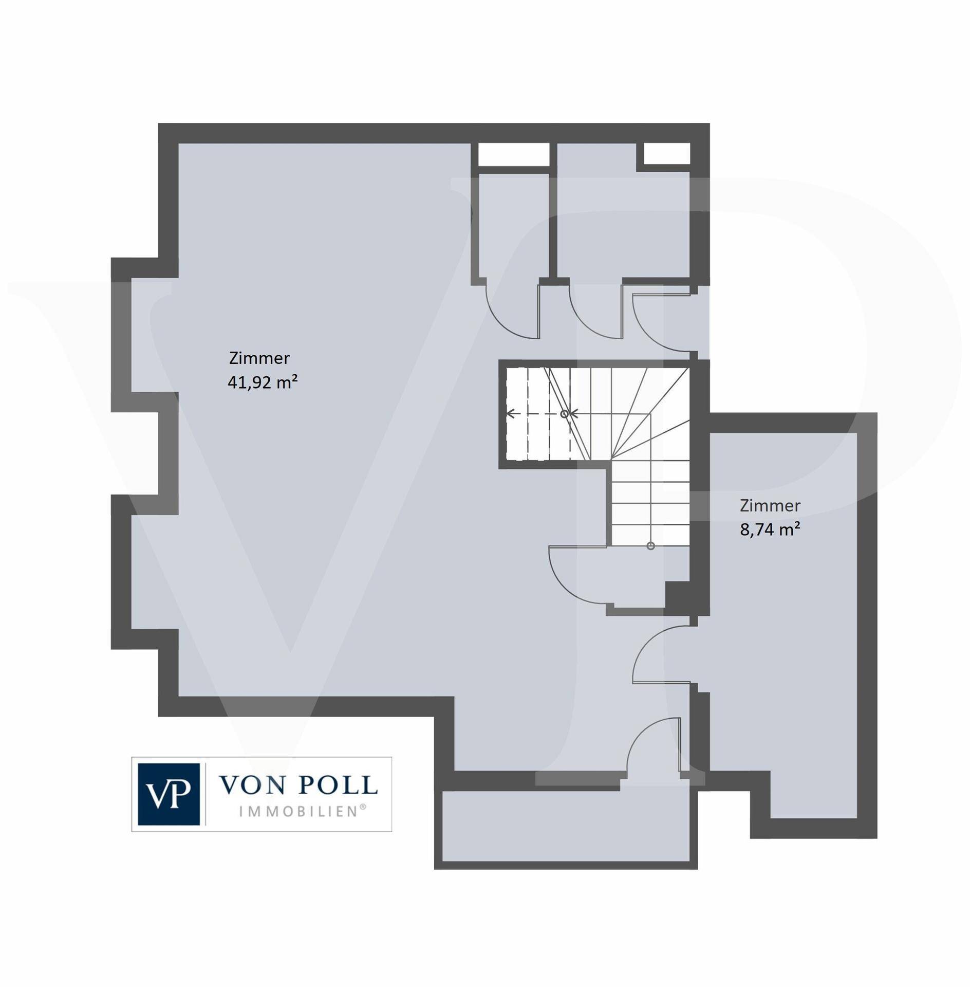 Grundriss der oberen Ebene mit zwei Zimmern und Treppenaufgang, ideal für Schlafzimmer.