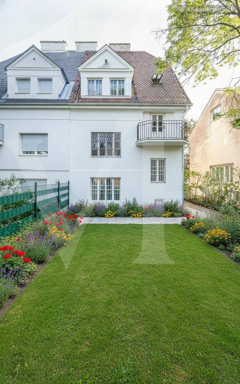 Gepflegter Gartenbereich mit Rasenfläche und bunten Blumenbeeten hinter dem weißen Gebäude.