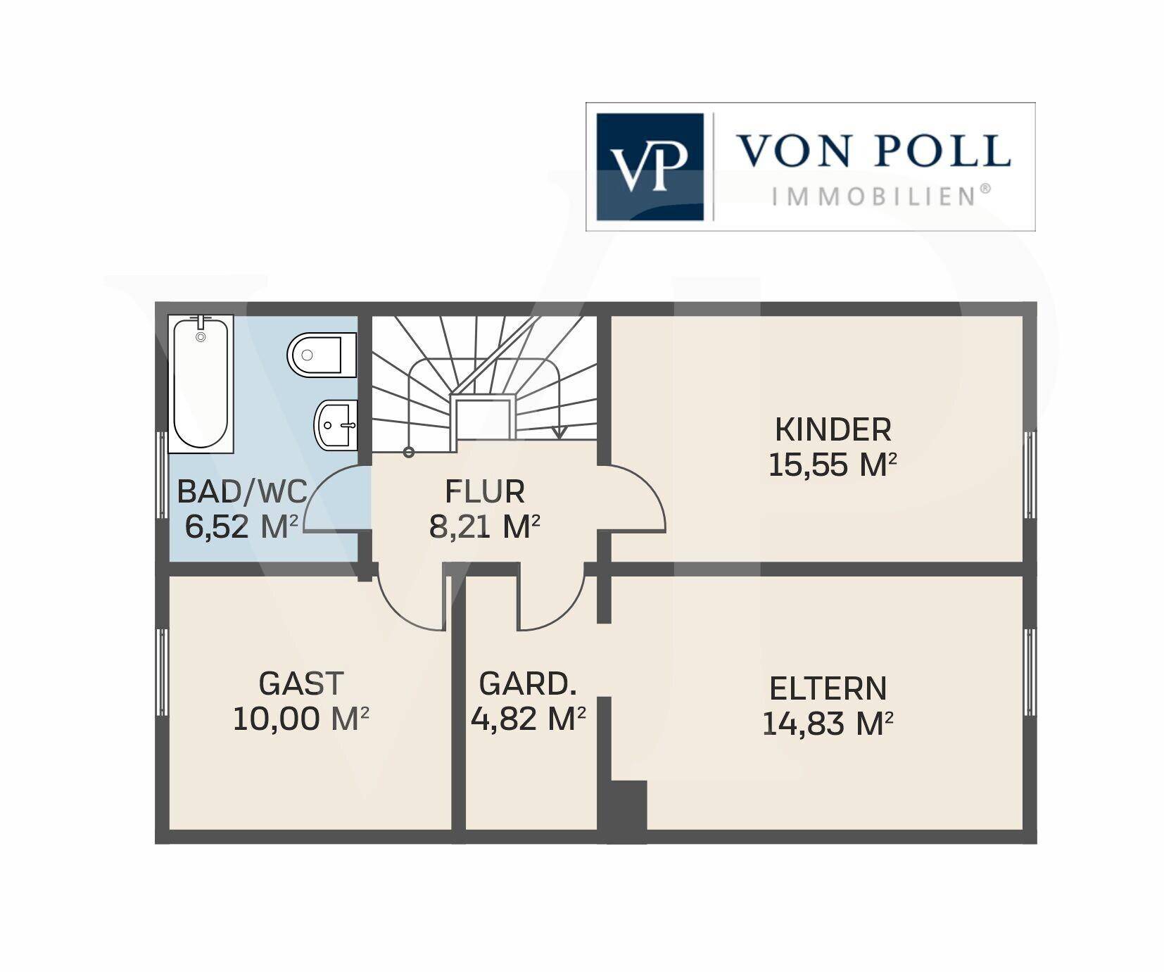 Grundriss des Obergeschosses mit Bad/WC, Kinderzimmer, Gästezimmer und Elternschlafzimmer.