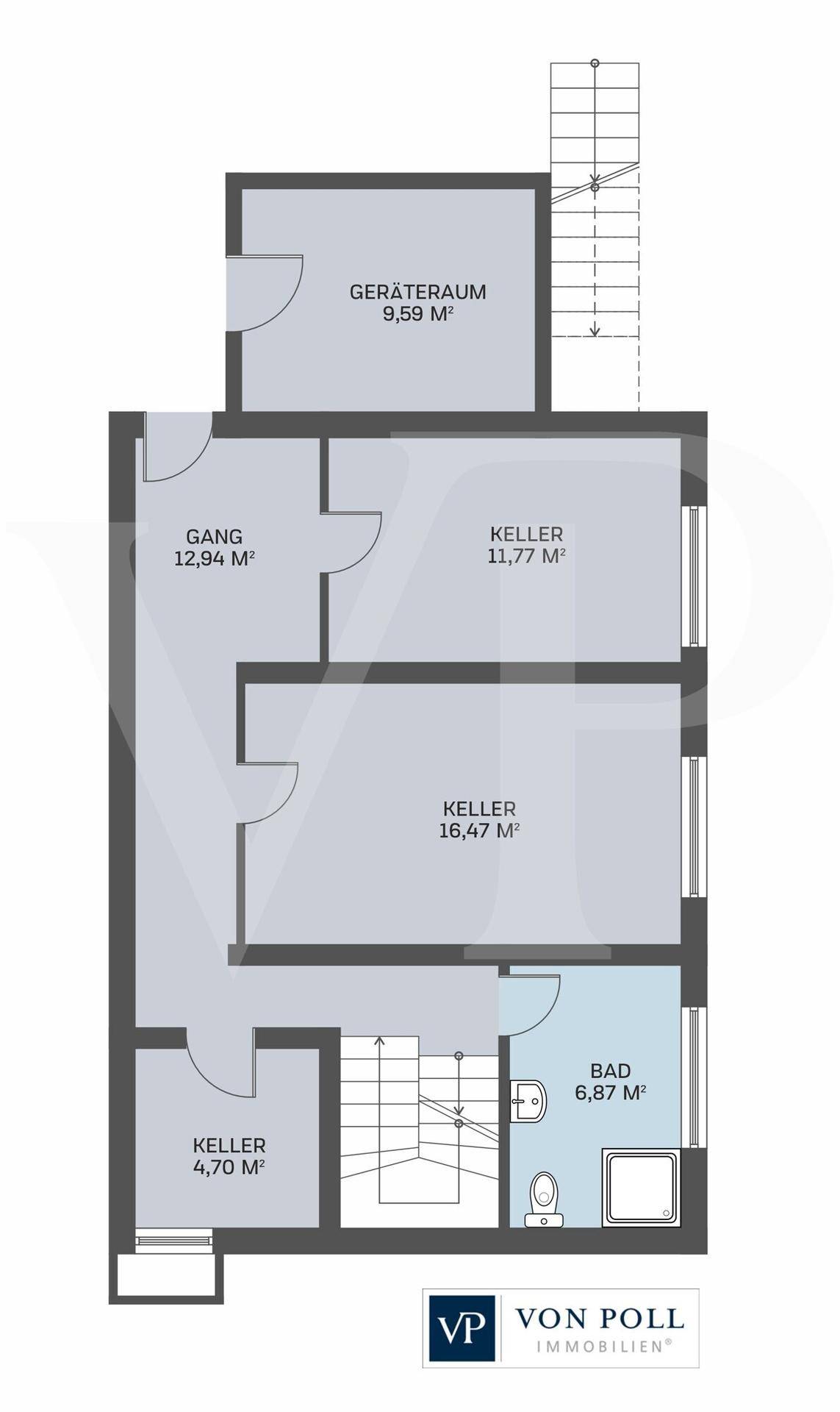 Grundriss des Untergeschosses mit Kellerräumen und Badezimmer.