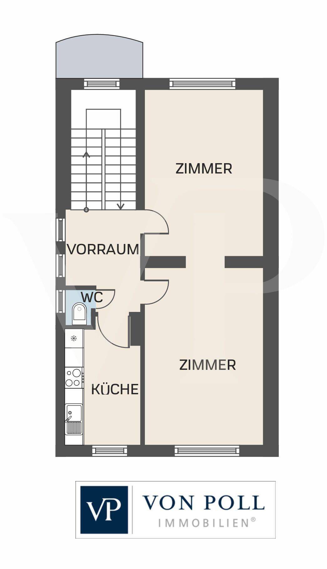 Grundrissplan mit zwei geräumigen Zimmern, einer integrierten Küche und einem separaten WC.