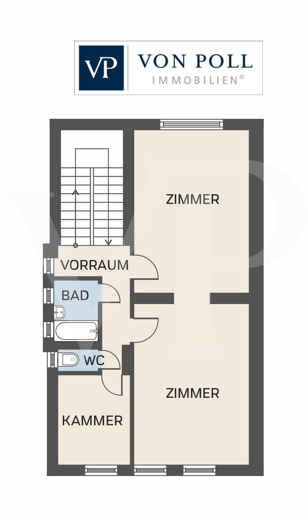 Grundrissplan mit zwei geräumigen Zimmern, einem Badezimmer mit Badewanne, separatem WC und einem praktischen Abstellraum.