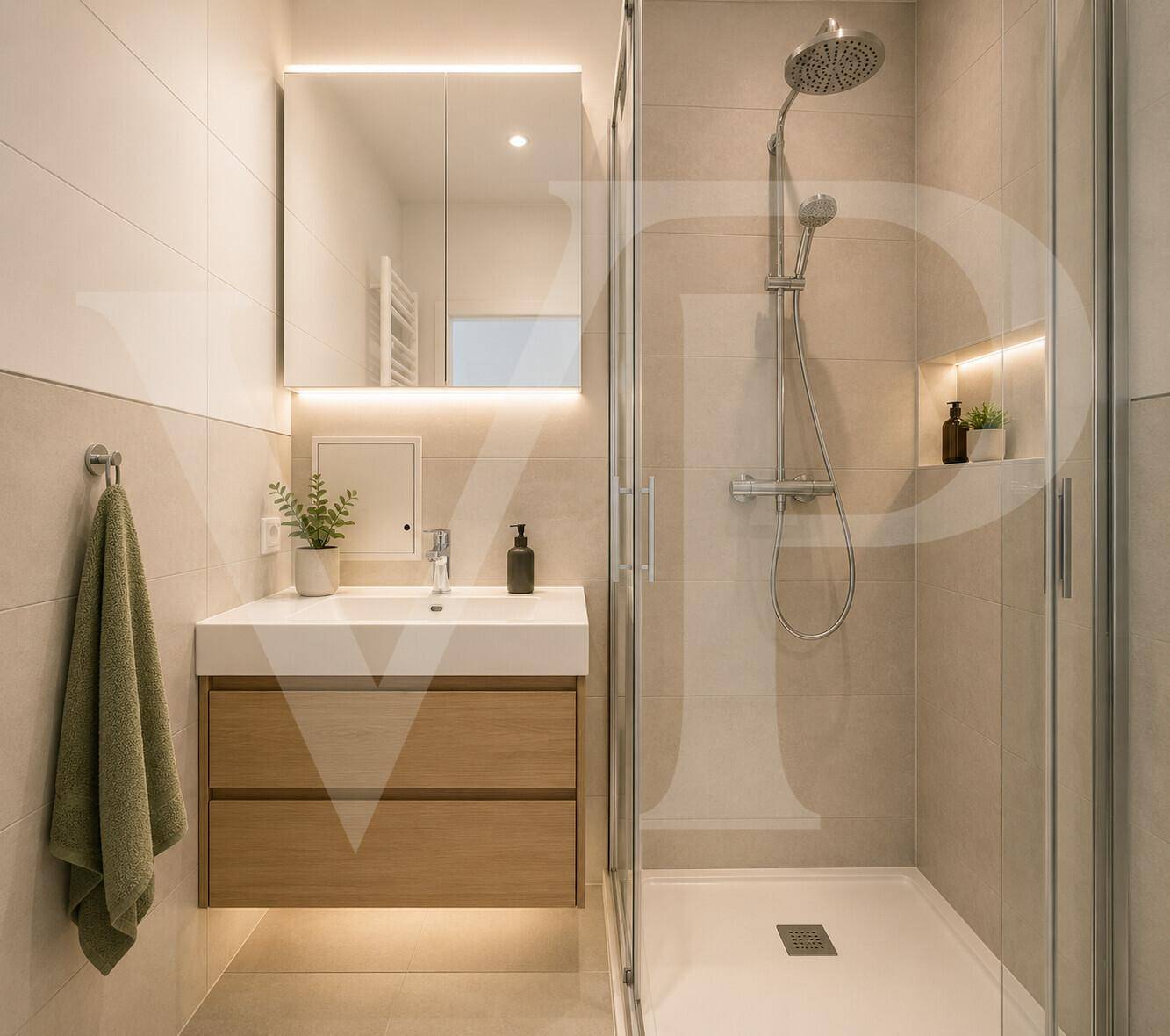 Modernes Badezimmer mit begehbarer Dusche, Waschtisch und beleuchtetem Spiegelschrank.