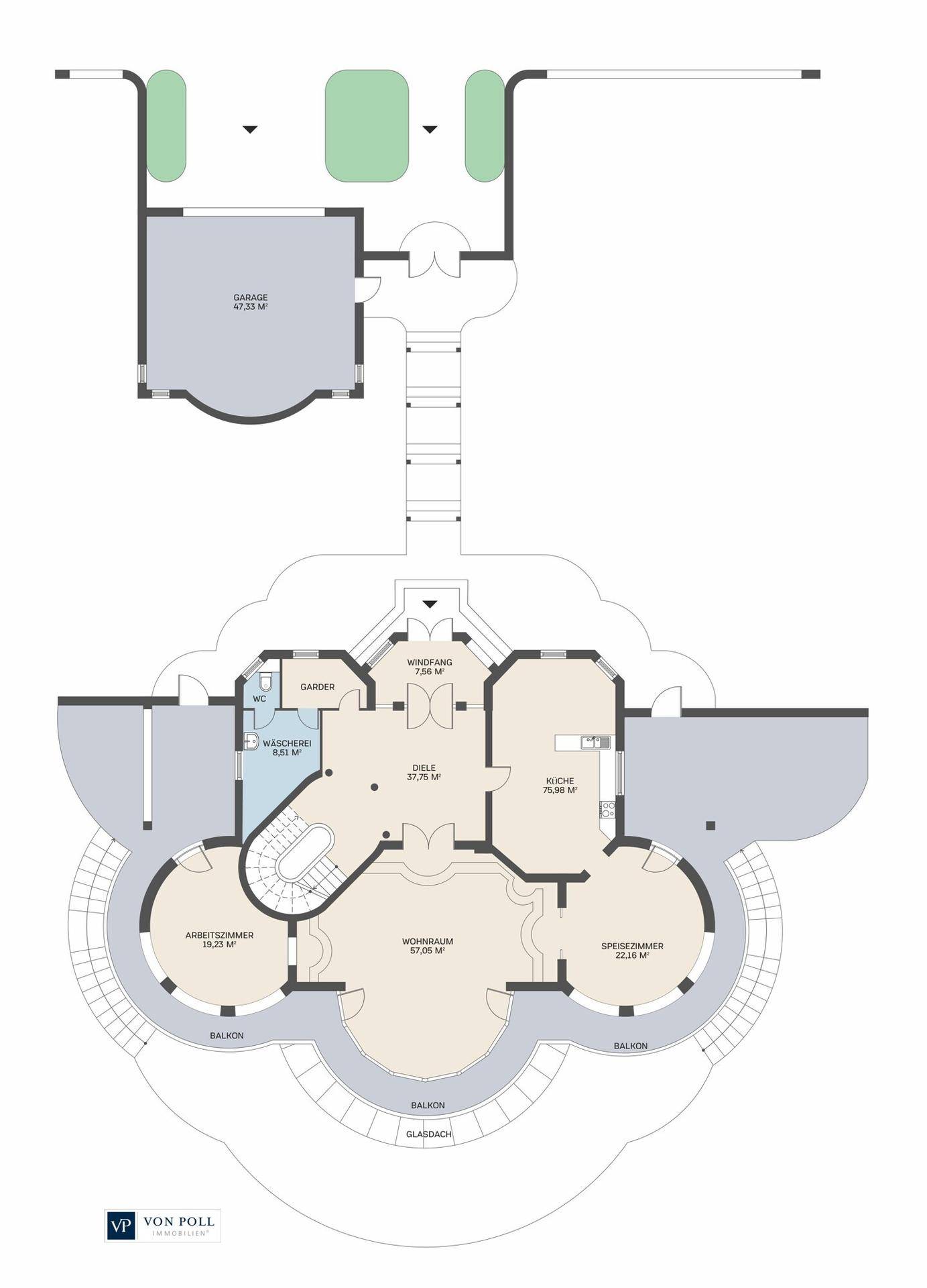 Grundriss des Erdgeschosses mit Wohnzimmer, Küche, Esszimmer, Arbeitszimmer und Garage.