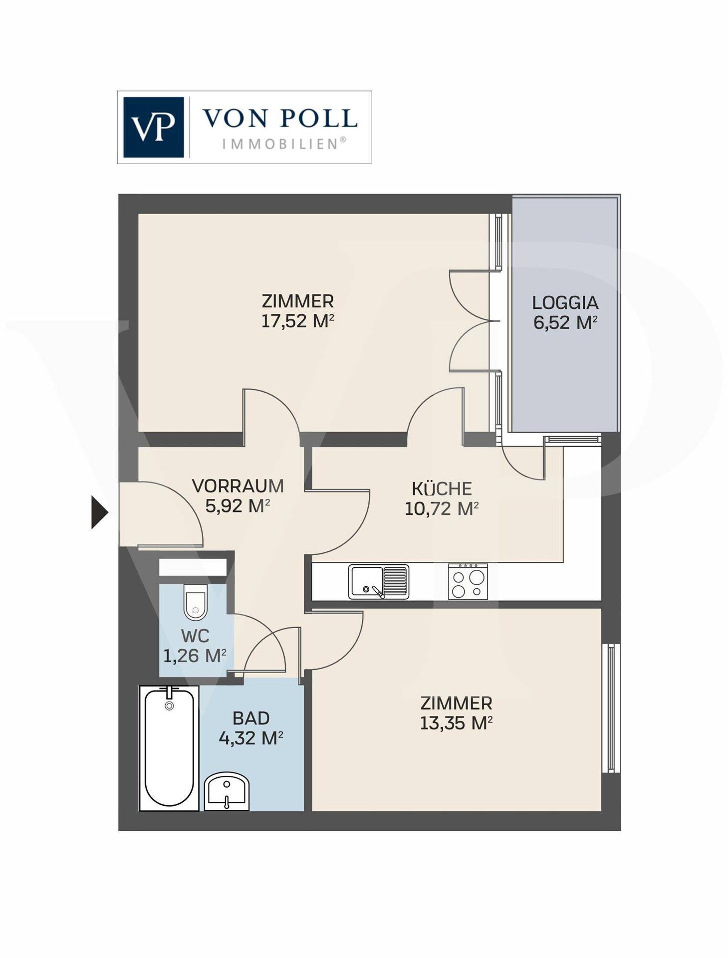 Detaillierter Grundriss der Wohnung mit Zimmergrößen und Loggia.