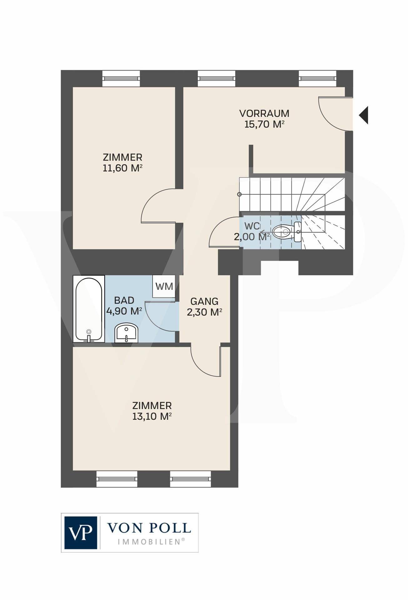 Grundriss des Obergeschosses mit zwei Schlafzimmern, einem Badezimmer und separatem WC.