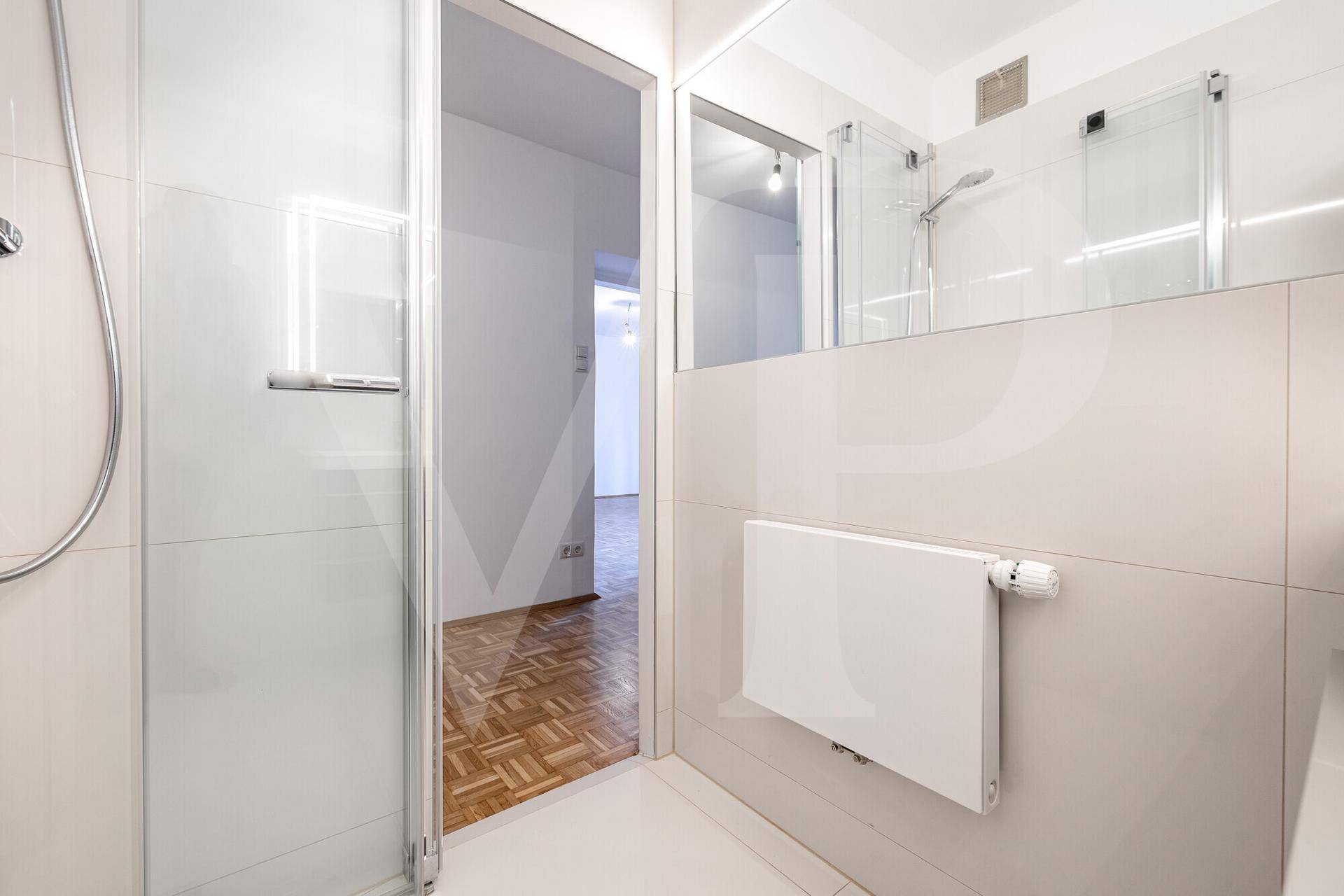 Duschbereich im modernen Badezimmer mit Glaswand und praktischem Handtuchheizkörper.