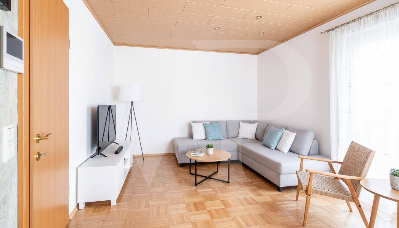 Gemütliches Wohnzimmer mit Parkettboden, Ecksofa und hellem Ambiente.