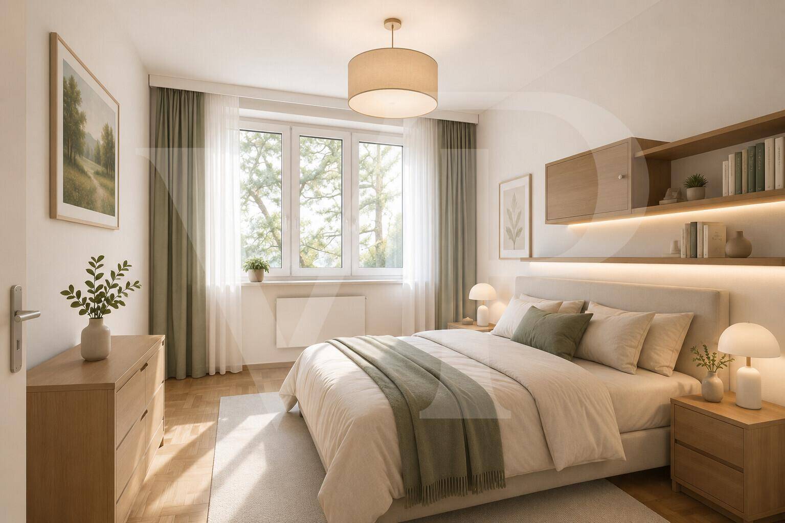 Gemütliches Schlafzimmer mit großem Bett, Holzboden und eingebauten Regalen mit indirekter Beleuchtung.