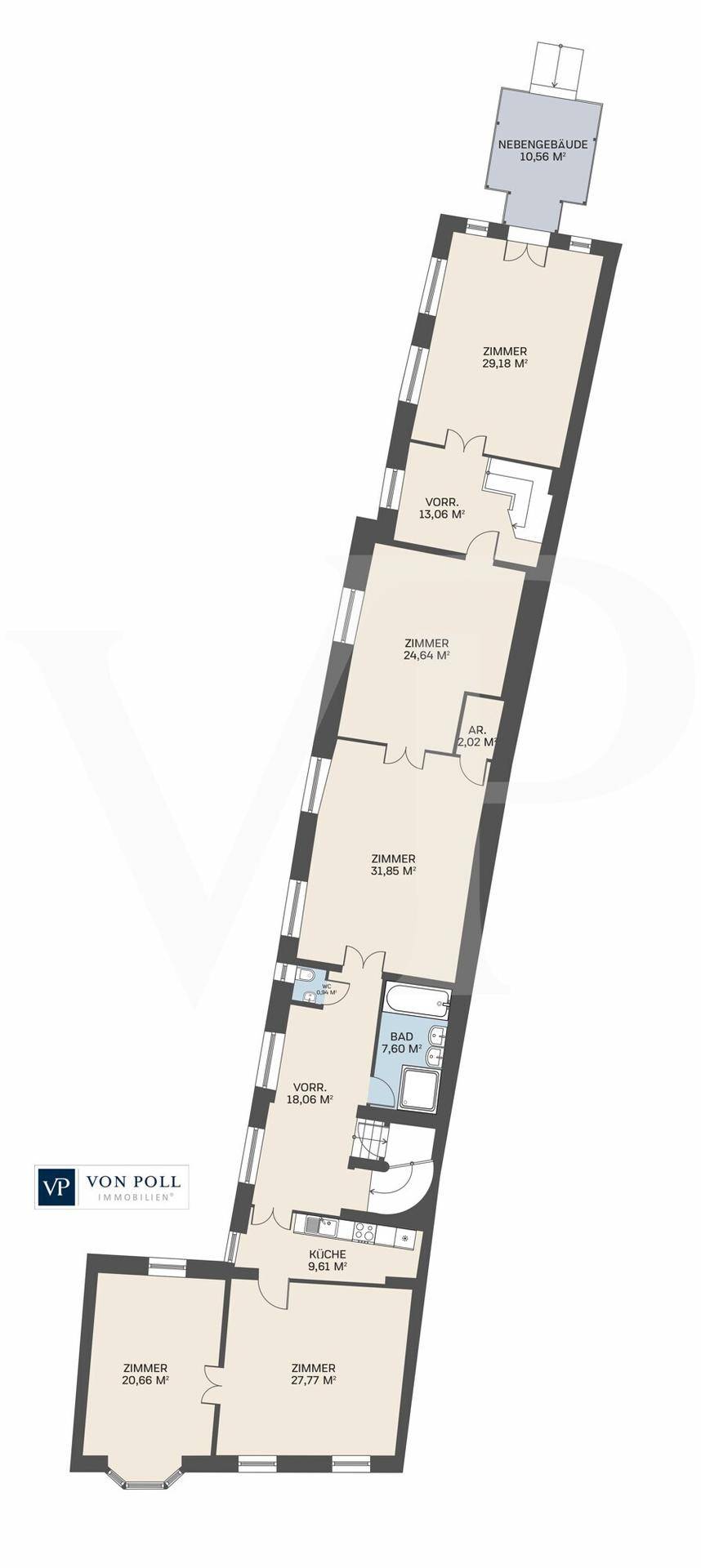 Detaillierter Grundriss der Wohnetage mit mehreren Zimmern, Bad, Küche und Vorraum.