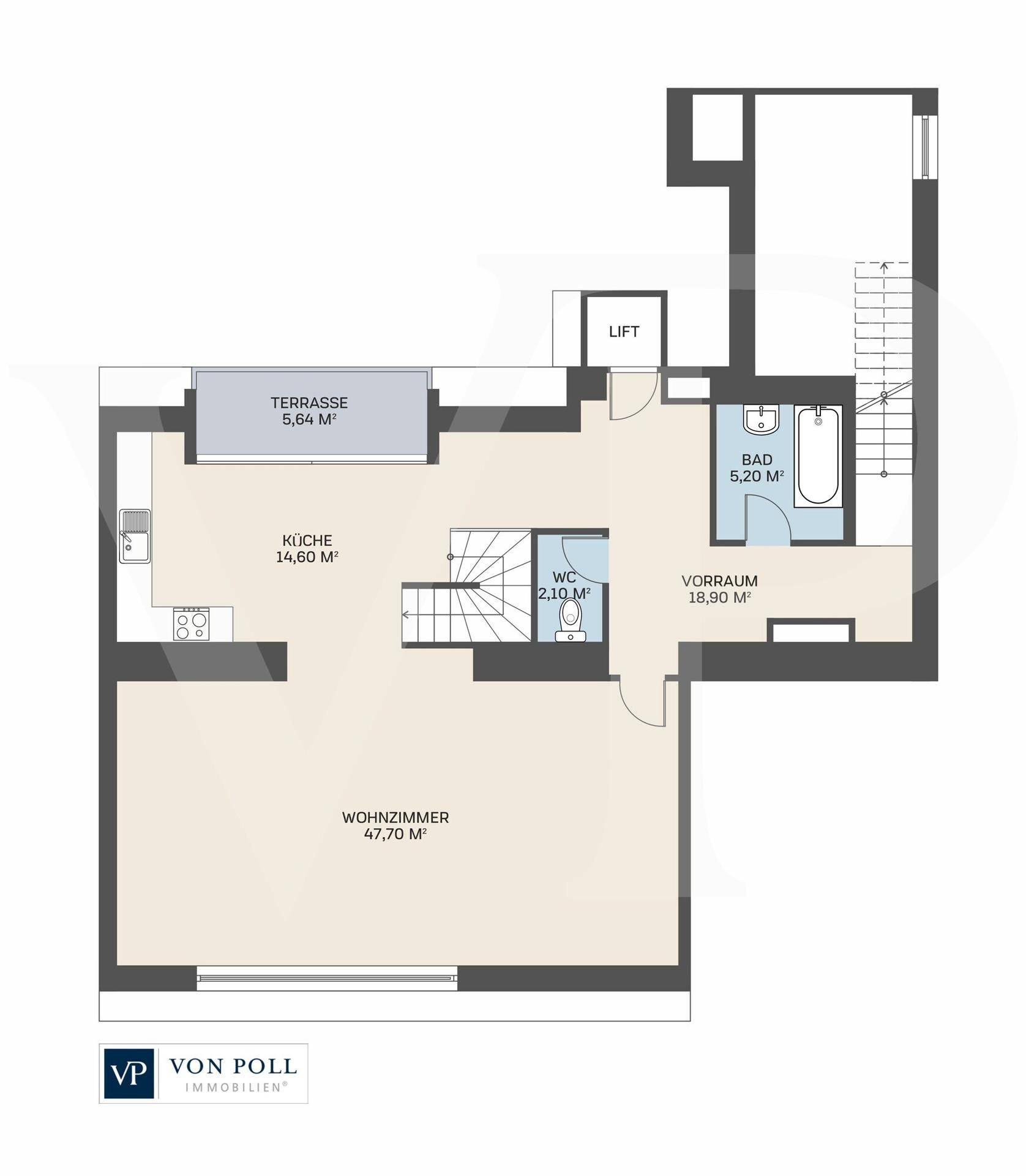 Grundriss des Hauptgeschosses mit offener Küche, großem Wohnzimmer und Zugang zur Terrasse.