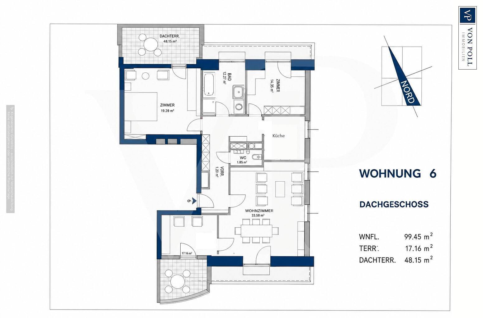 Grundriss der Wohnung 6 im Dachgeschoss mit offenem Wohnbereich und zwei Dachterrassen.