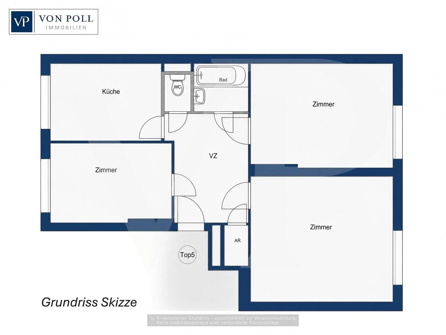 Grundriss Skizze einer Wohnung mit mehreren Zimmern, Küche, Bad und separatem WC.