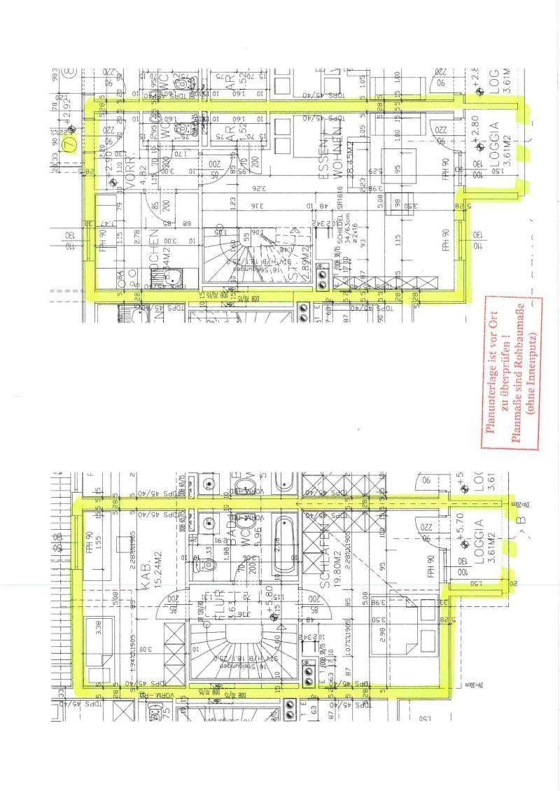 Grundrisspläne zeigen zwei Wohneinheiten mit Loggien, Bädern und offenem Wohnbereich.