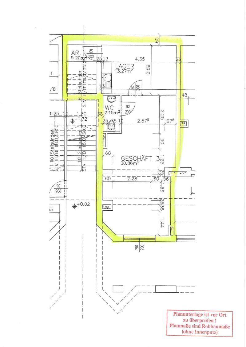 Grundriss eines Gewerbeobjekts mit Ladenfläche, Lagerraum und separatem WC.