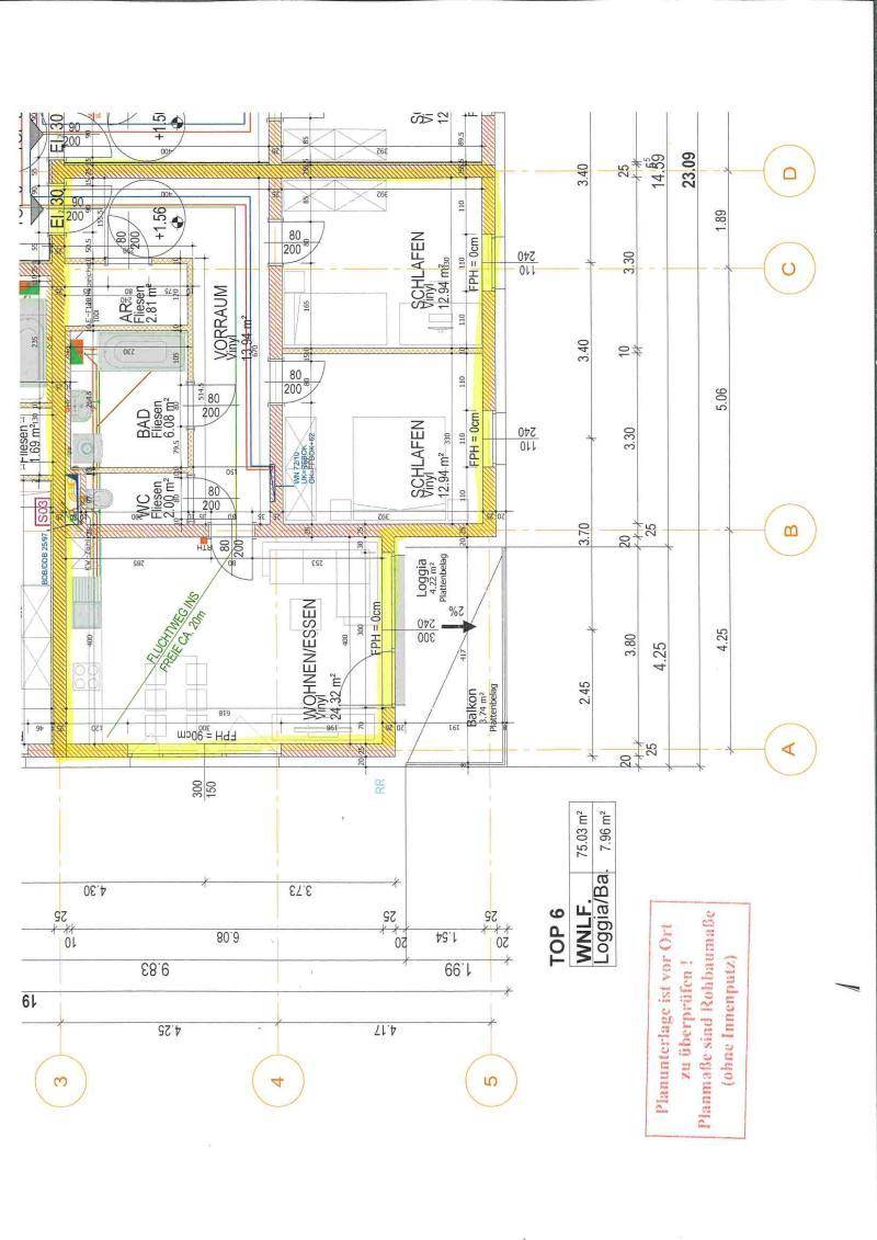 Grundriss einer Wohnung mit offenem Wohn-Essbereich, zwei Schlafzimmern, Bad, separatem WC, Loggia und Balkon.