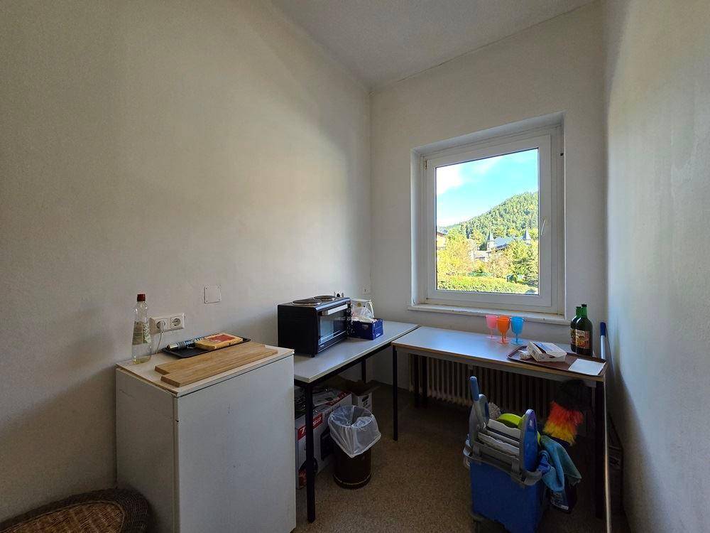 Kompakte Küchenzeile mit Fenster, Kühlschrank und Mikrowelle, bietet Blick ins Grüne.