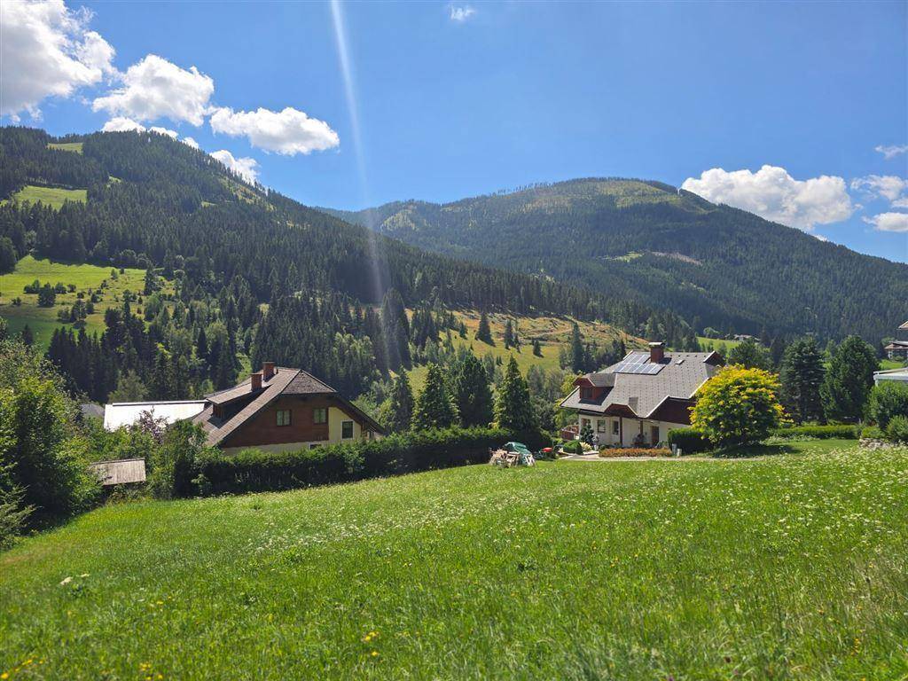 Zwei Häuser auf einer grünen Wiese mit bewaldeten Bergen im Hintergrund und einem sonnigen Himmel.
